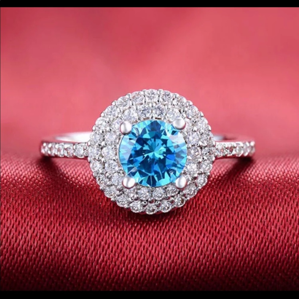 New Women’s 925 Silver Aquamarine Round Cut Ring